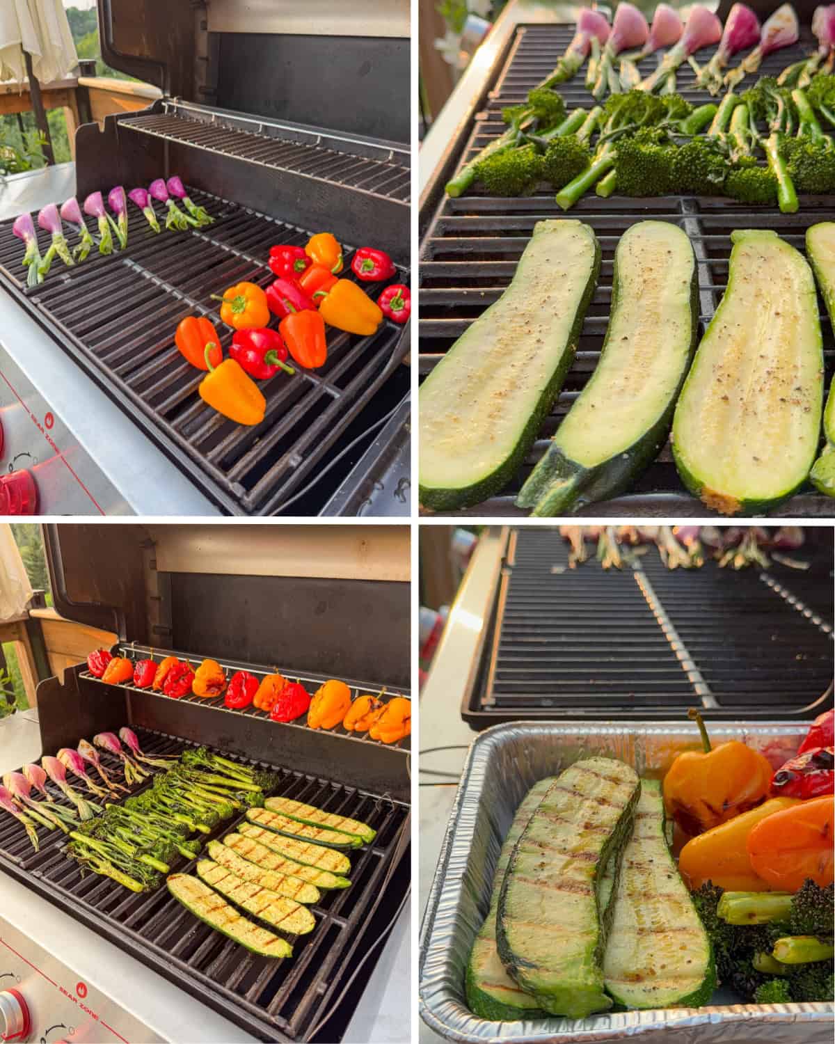 Grilling veggies in stages: start with the onions and peppers, then add the zucchini and broccoli last.
