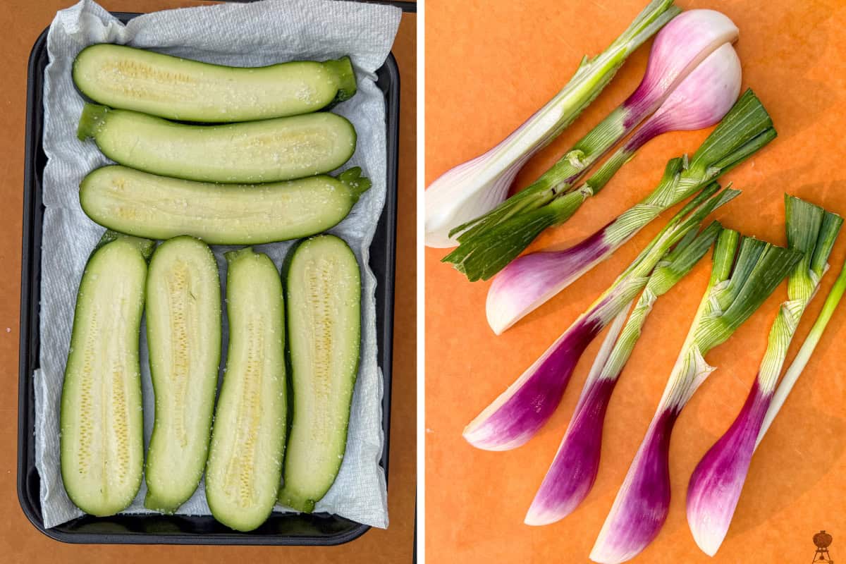 Lightly salt zucchini slices on paper towels to draw out excess moisture. Slice the red onions in quarters, leaving the core intact.