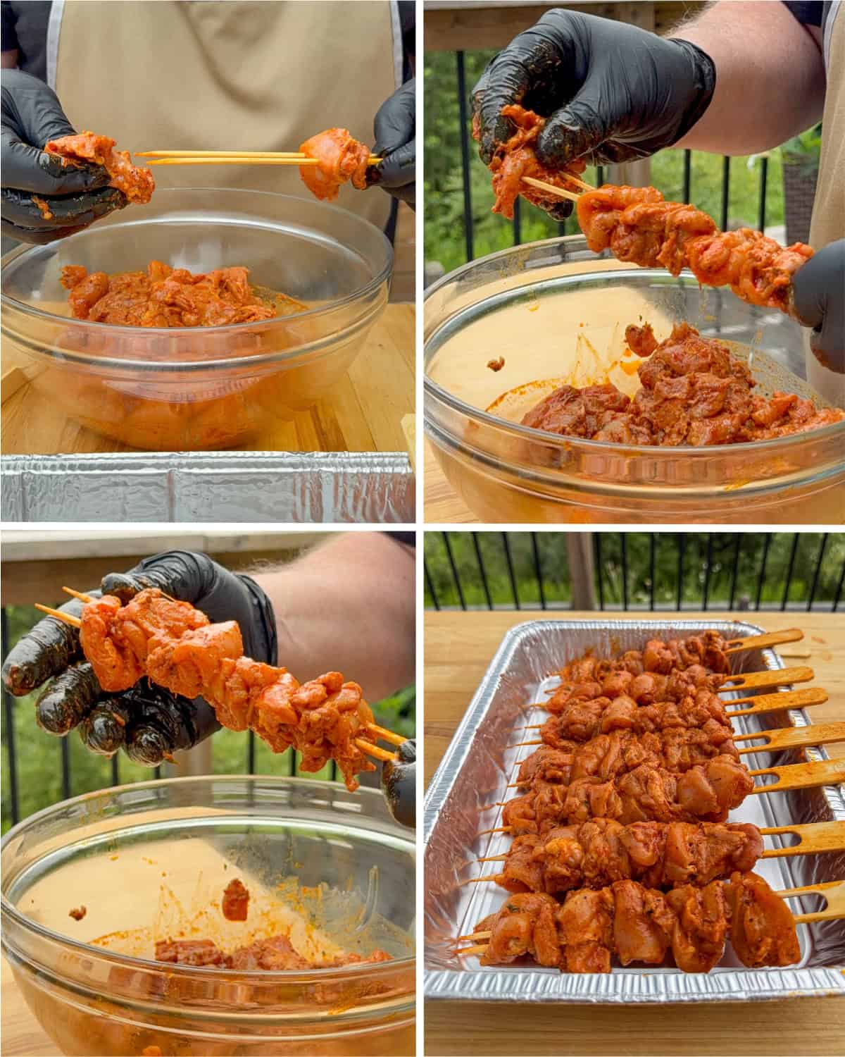 Thread the marinated chicken thighs on the skewers. Place the skewers in a tray once finished.