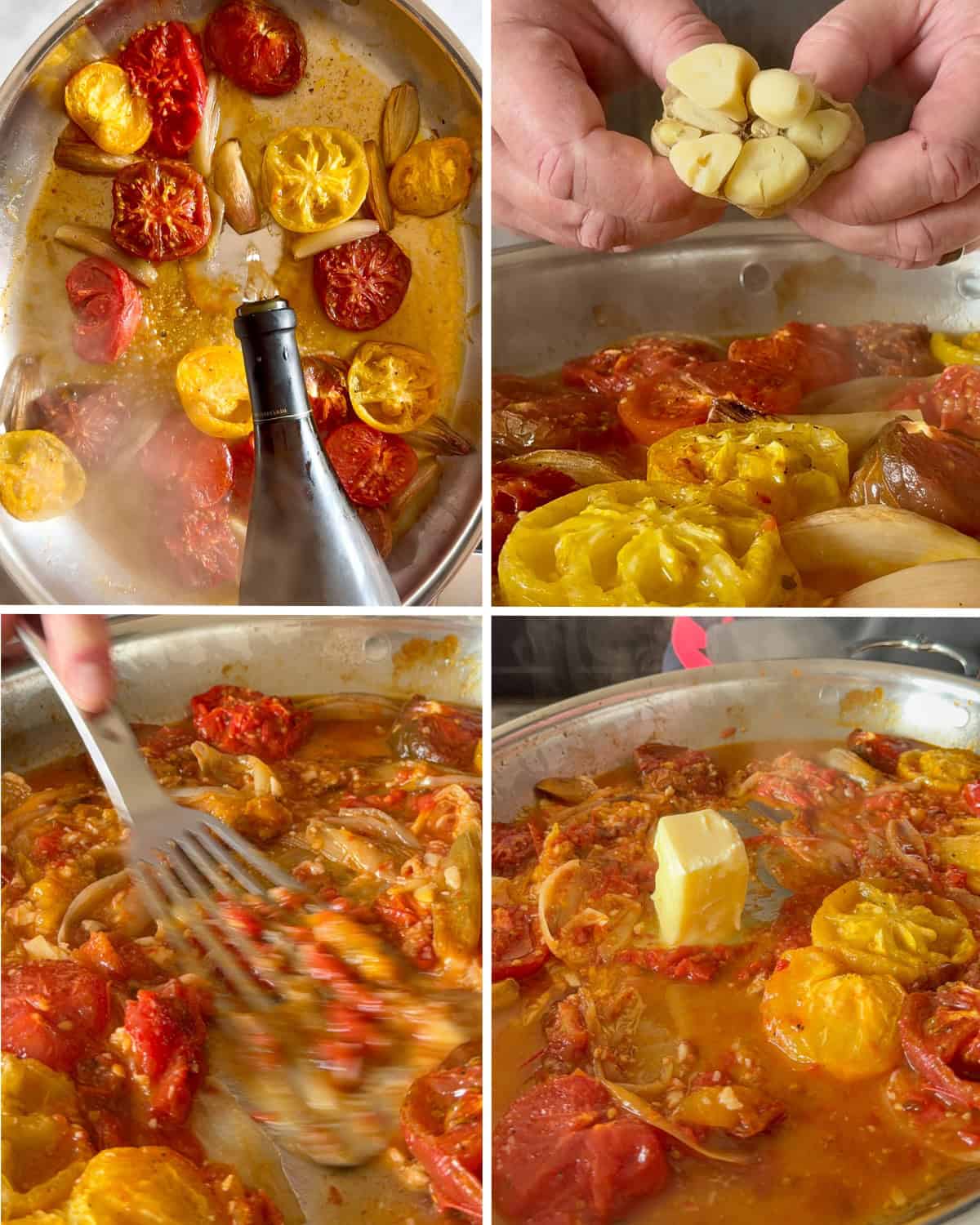 Build the heirloom tomato pan sauce with white wine, roasted garlic and butter.