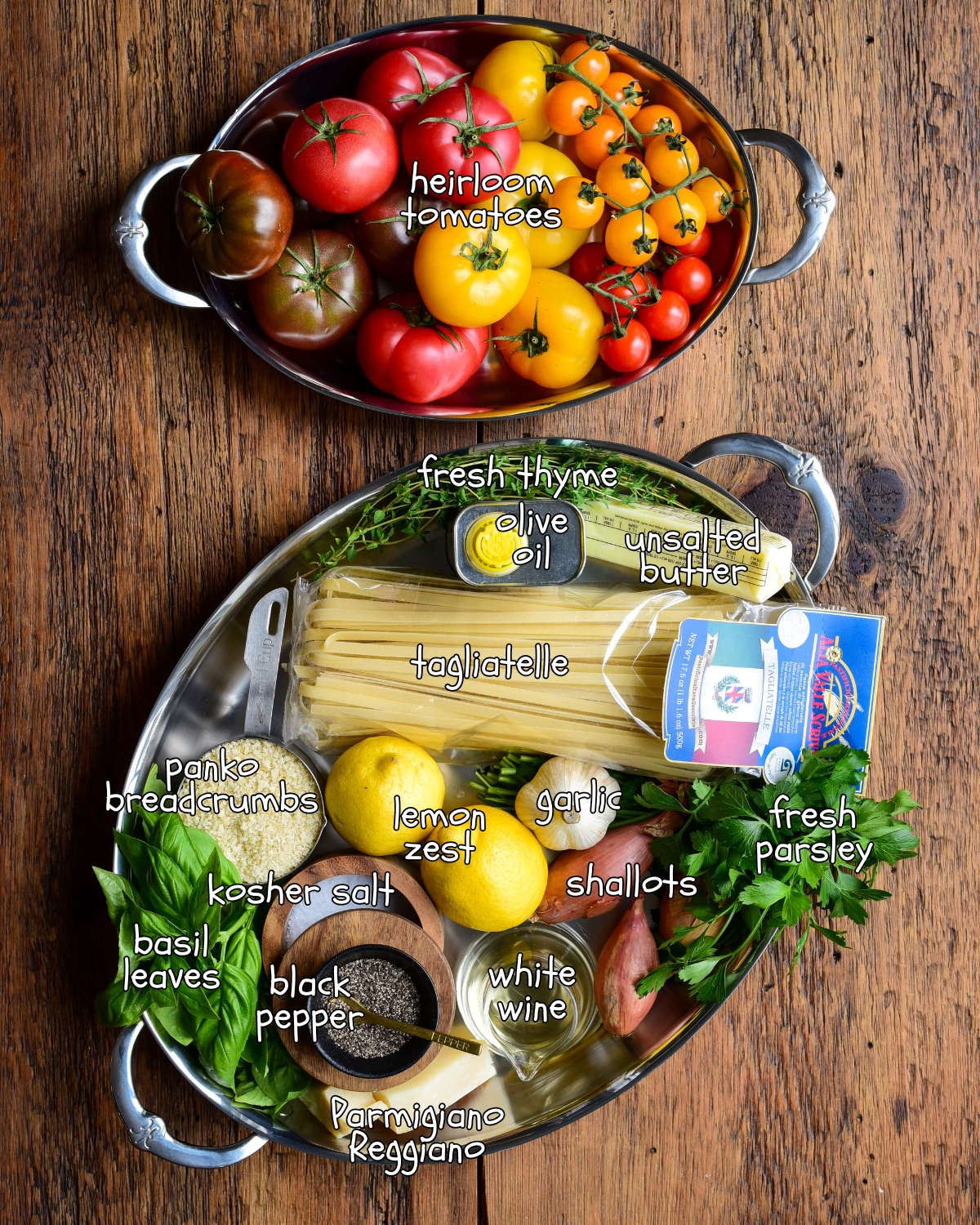 Ingredients for a roasted tomato pasta recipe.