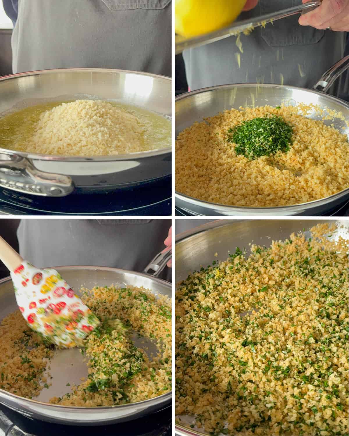 Add the panko to a hot skillet with butter and oil. Add chopped parsley and grated lemon. Stir to keep it from browning too quickly.
