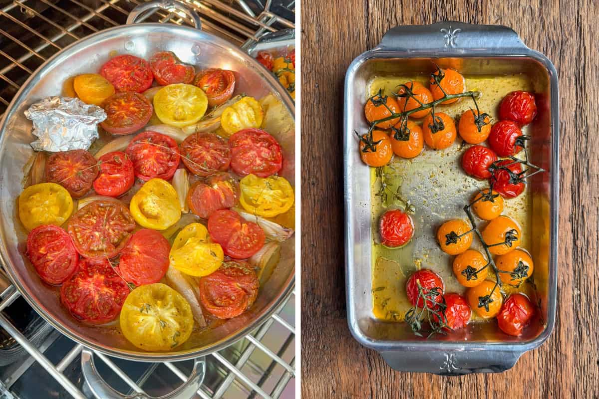 A large oval au gratin pan with heirloom tomato halves that have been roasted with shallots, garlic and time.