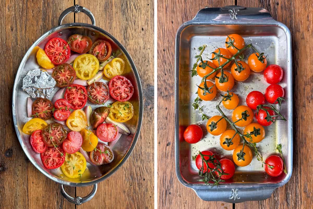 Place the tomatoes, shallots, thyme and garlic in a pan to roast. Place extra tomatoes in a second pan if too crowded.