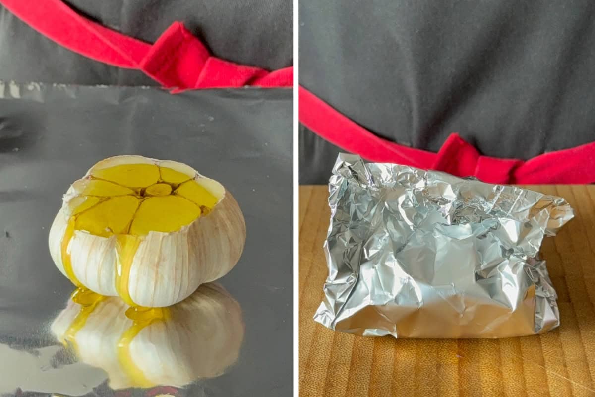 Slice the top half off the garlic bulb, drizzle with oil, then wrap in foil to roast.