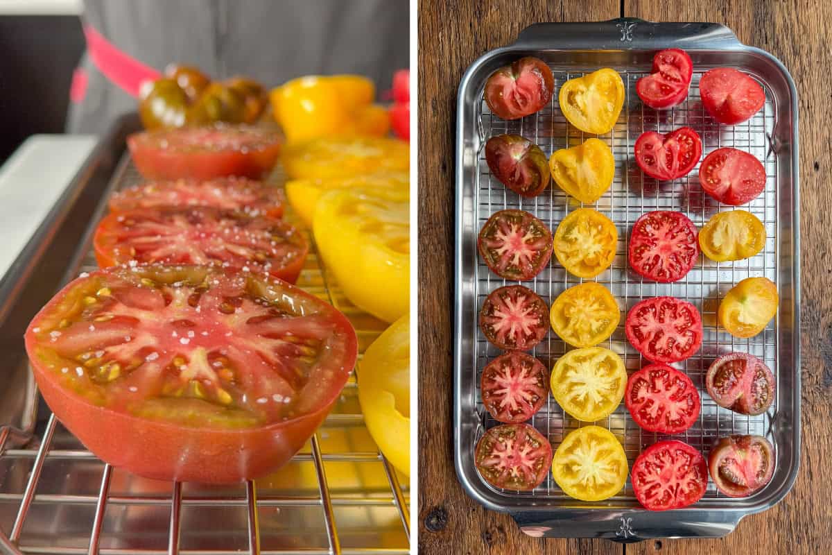 Cut the heirloom tomatoes in half. Place them on a sheet pan with a rack and salt them to release juices.