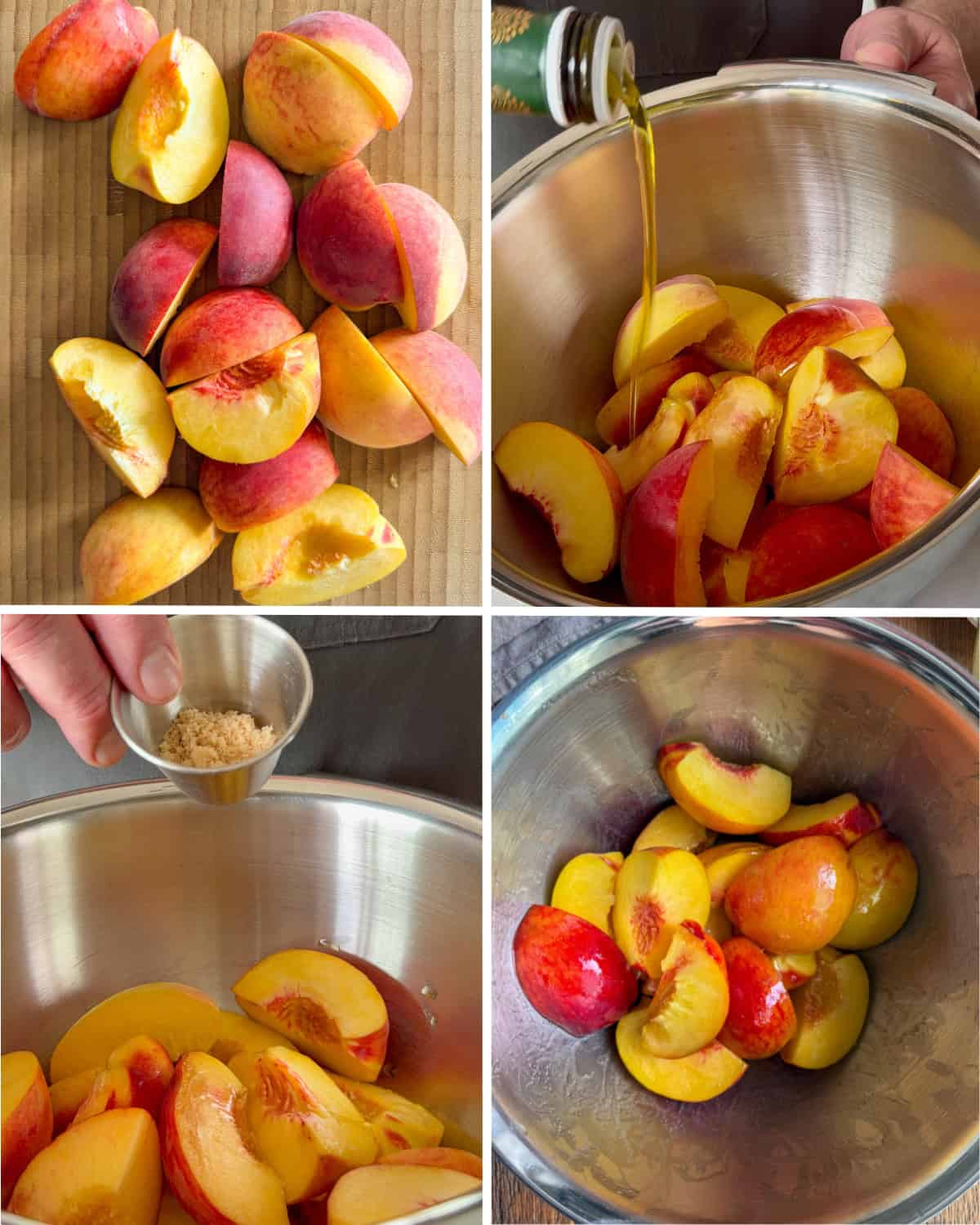 Pit and quarter each peach. Toss them in a bowl with olive oil and brown sugar.