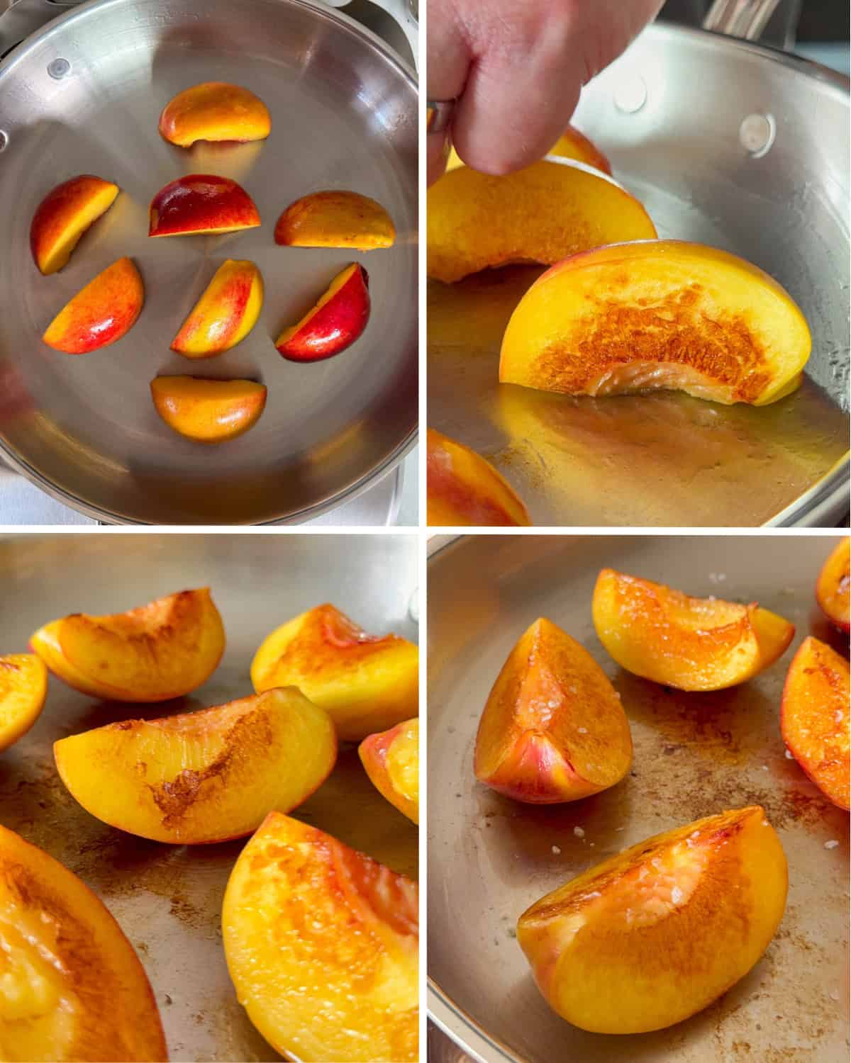 Place the peach slices, cut side down, in a skillet. Sear both sides until golden. Finish with Maldon salt.