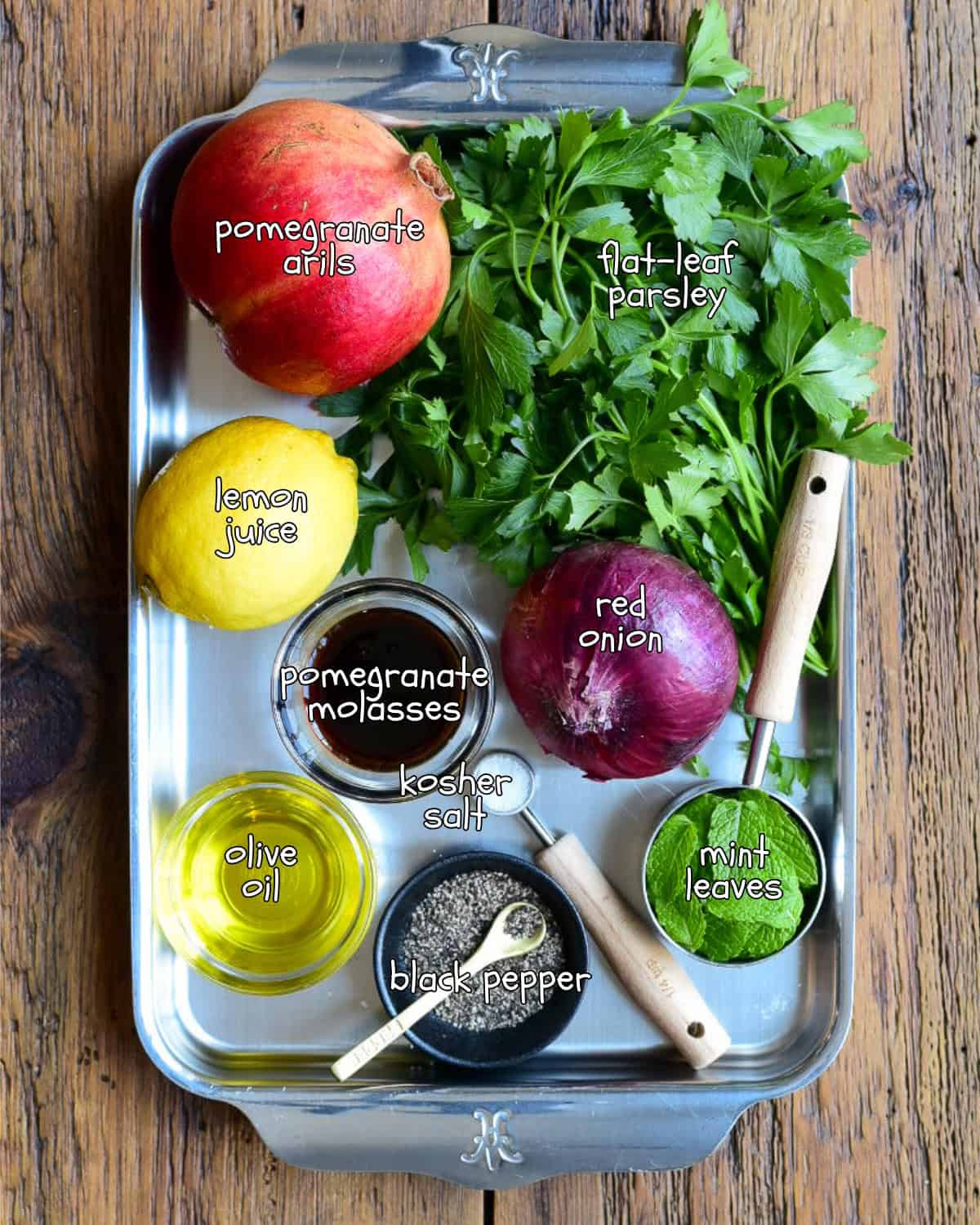 Ingredients for a pomegranate mint relish recipe for lamb.