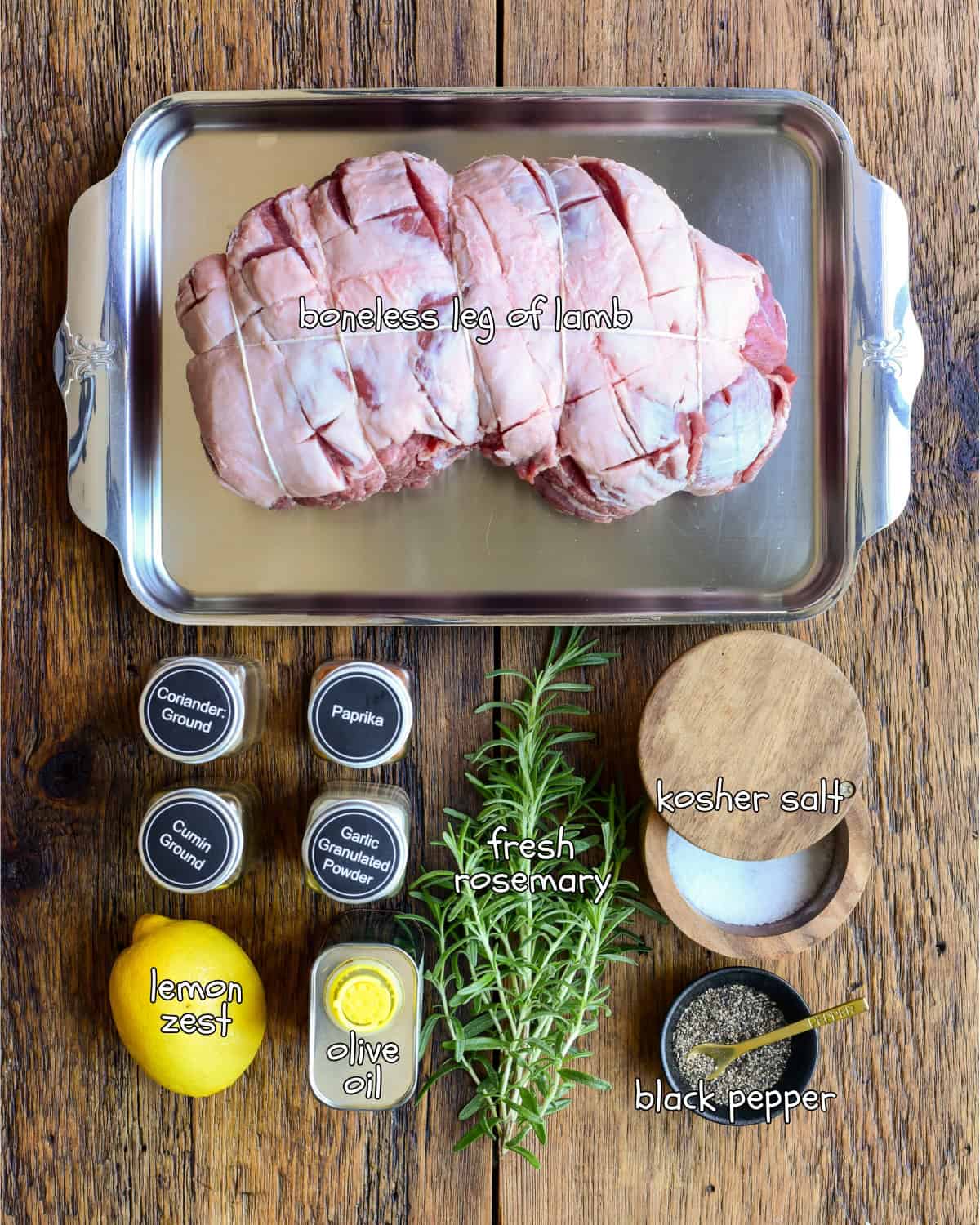 Ingredients for a smoked boneless leg of lamb recipe.