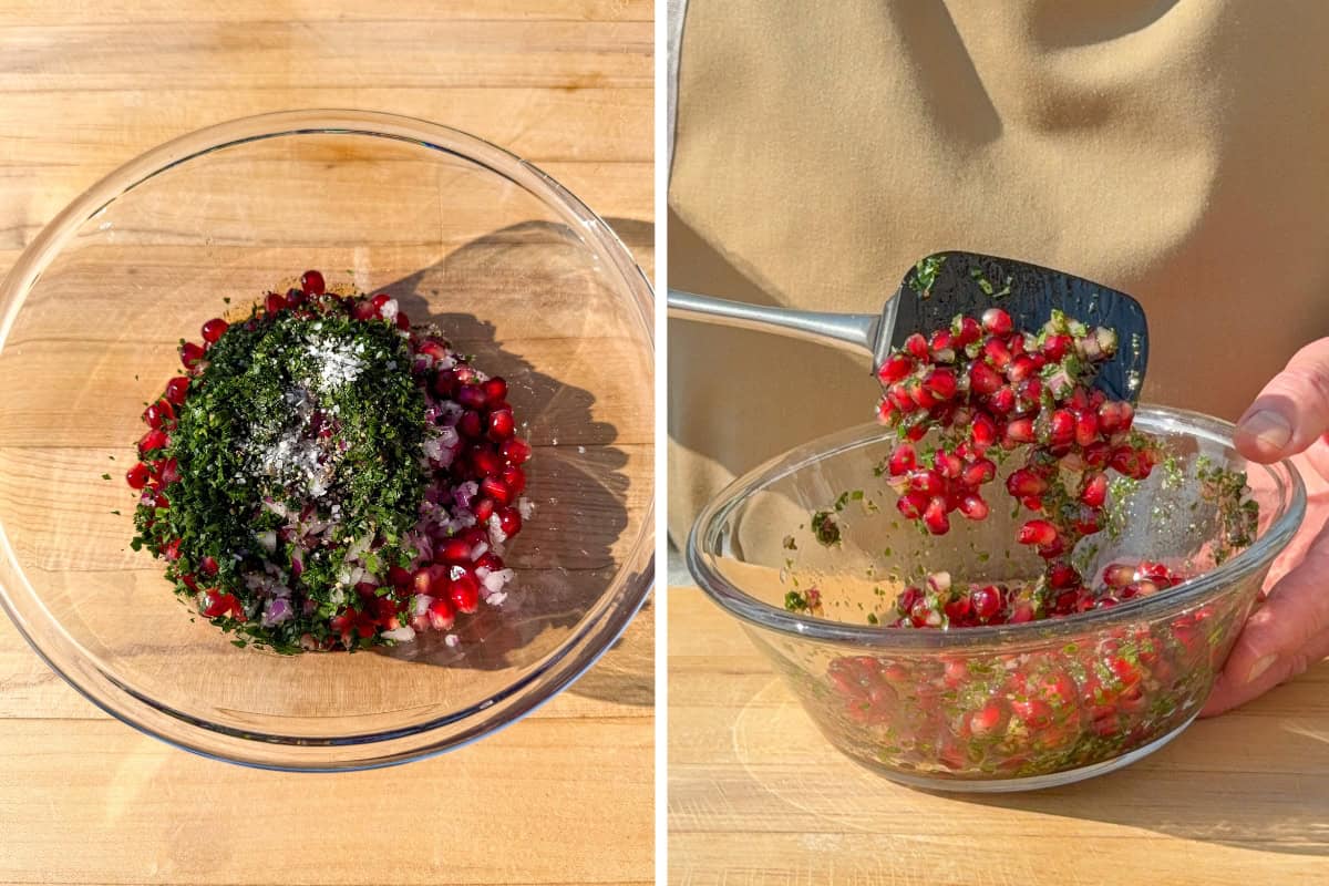 Mix the ingredients for the pomegranate mint relish in a small bowl.
