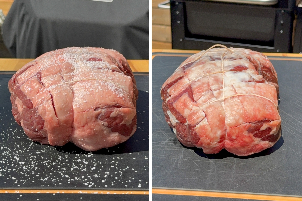 Score the boneless leg of lamb, tie it with twine, and brine it overnight with salt.