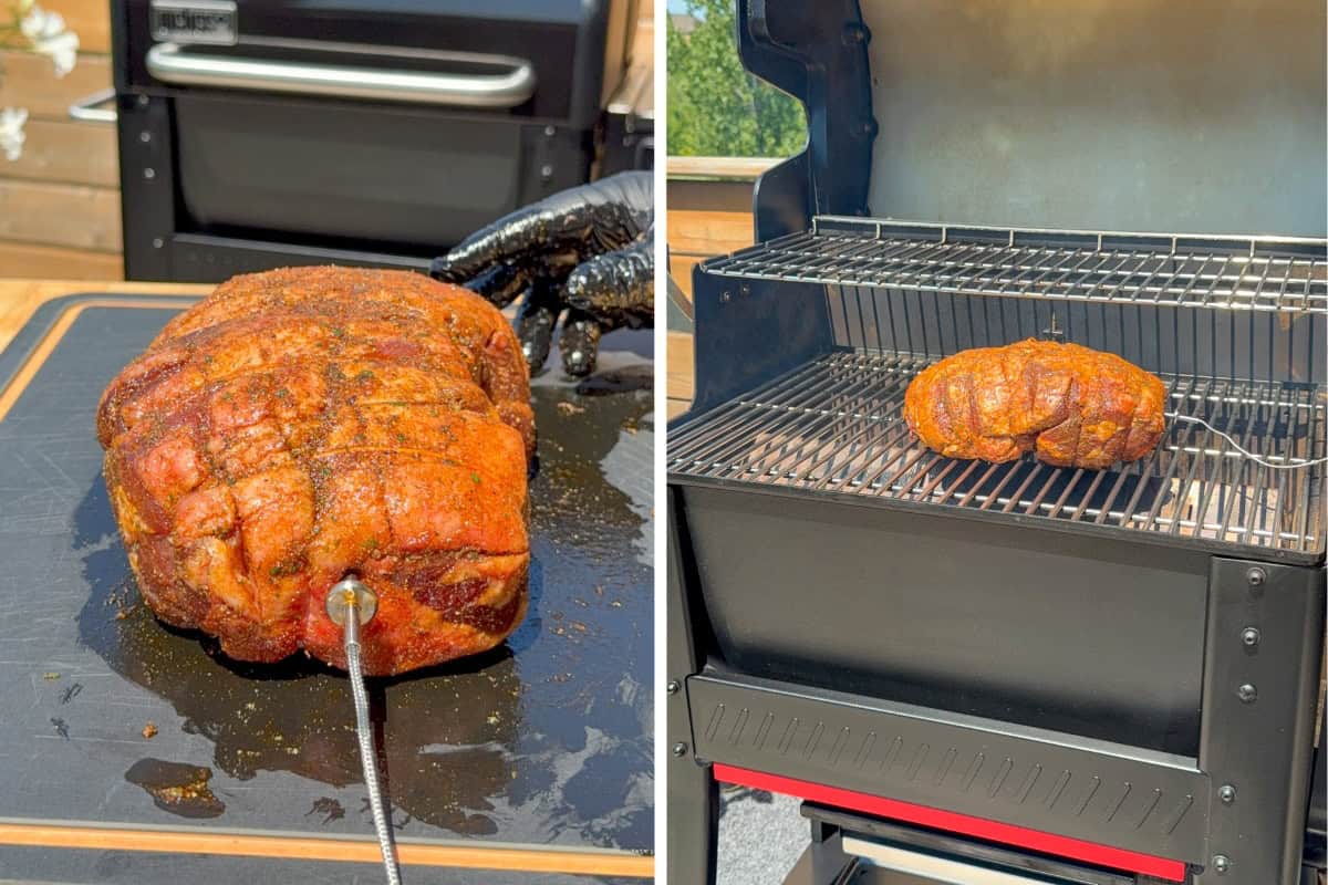 Insert the temperature probe into the thickest part of the lamb, then place it in the middle of the smoker, directly on the rack.