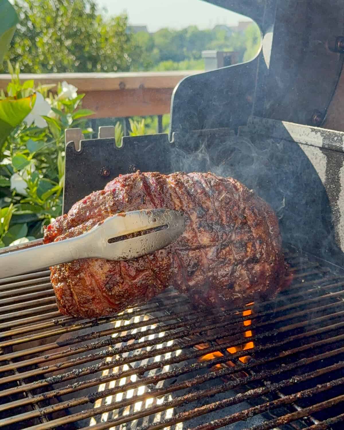 Sear the lamb over high heat. Use tongs to help balance if needed.