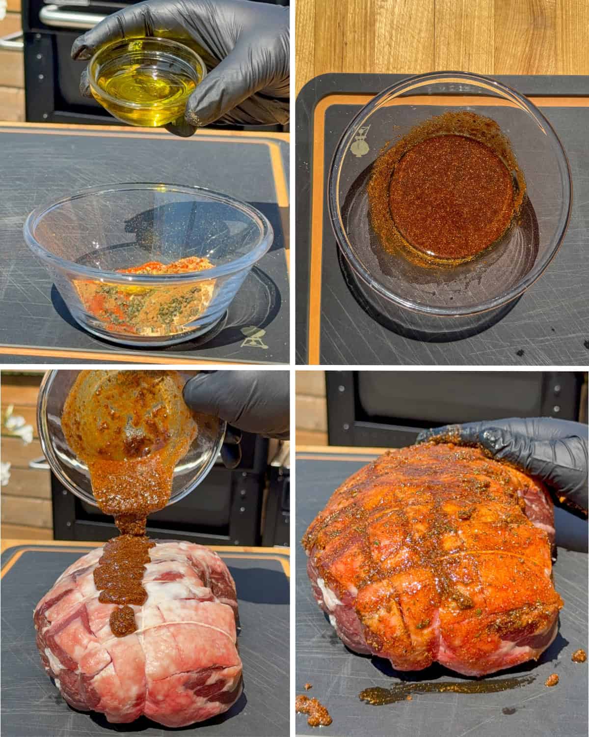 Mix the seasoning ingredients in a small bowl. Apply the seasoning over all sides of the lamb roast.