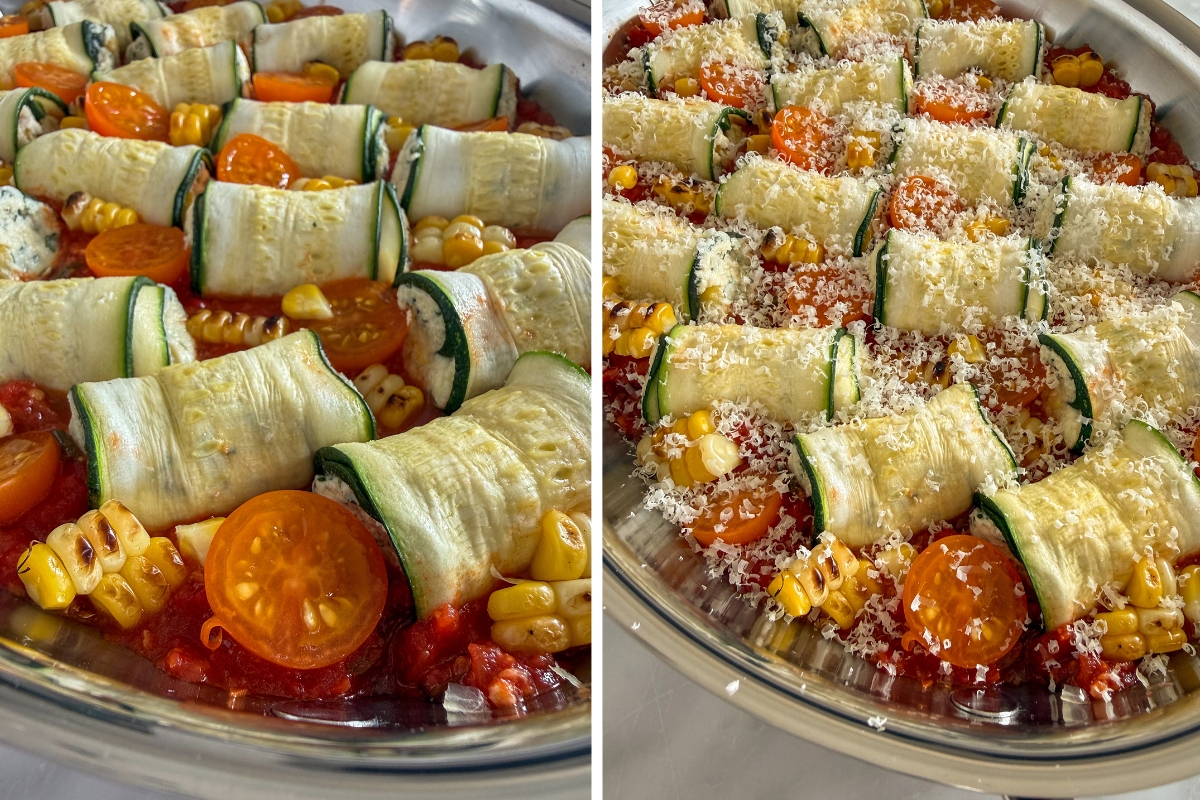 Nestle in the cherry tomato halves, charred corn, extra sauce and grated parmesan over the zucchini involtini.