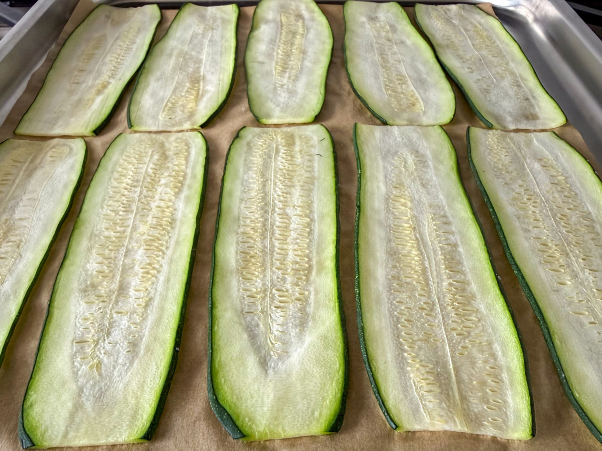 Roast the sliced zucchini on a tray for the involtini.
