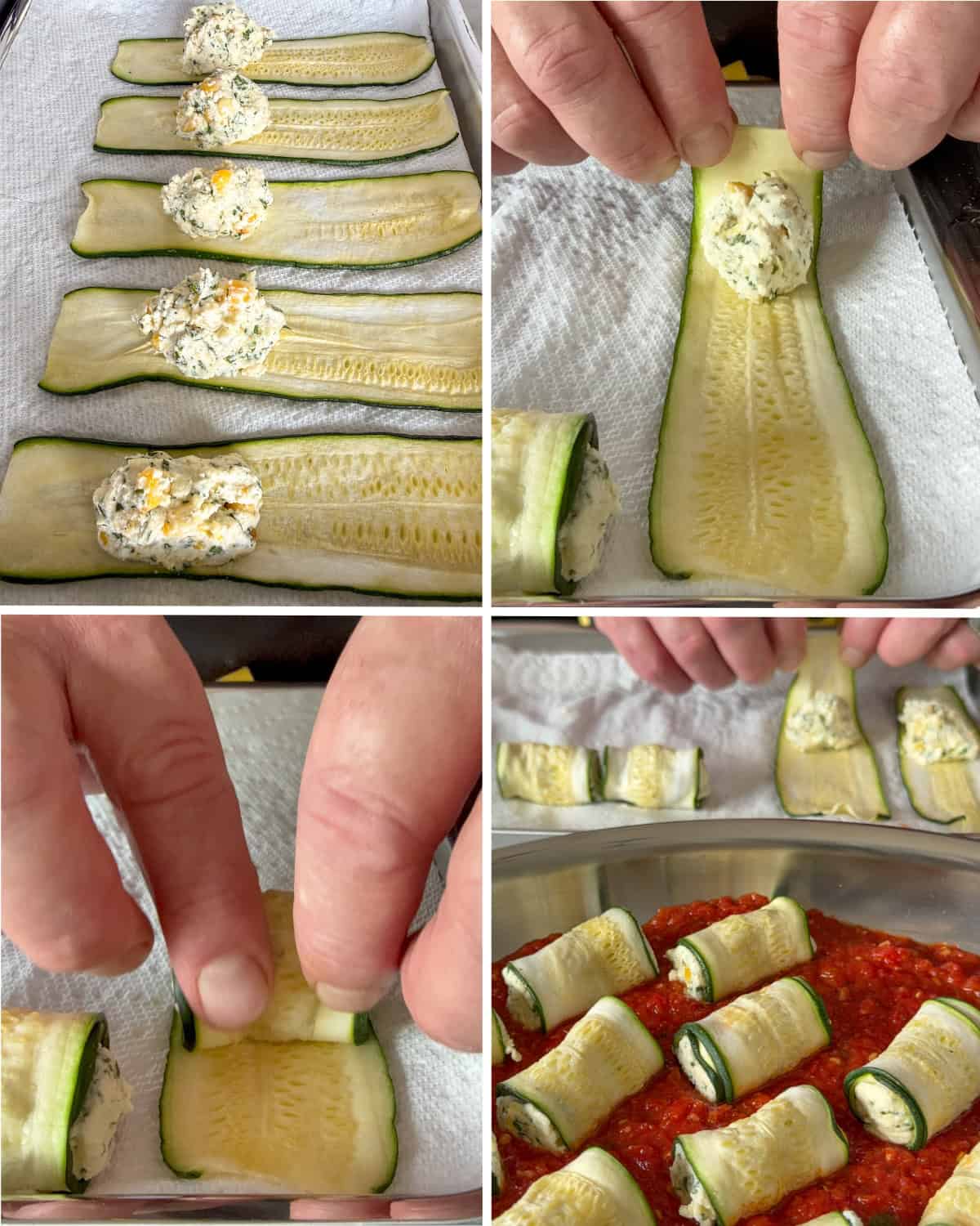 Roll the zucchini involtini, then place in the tomato sauce.