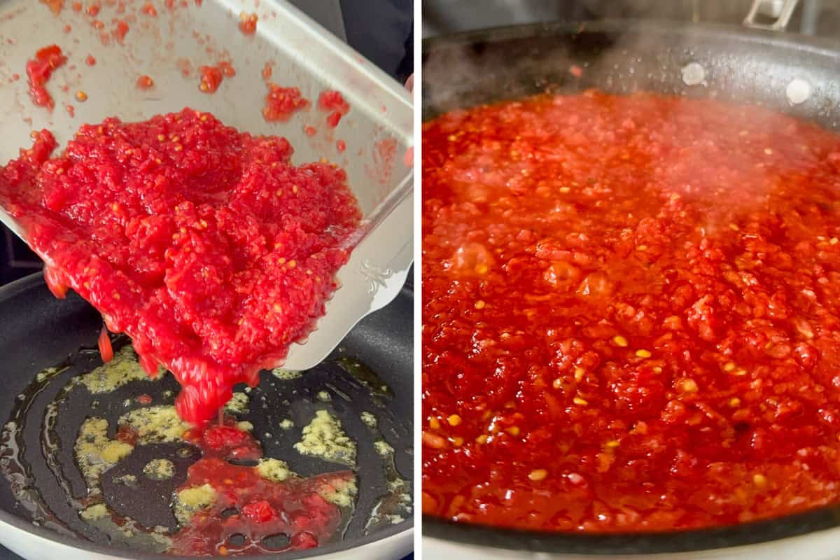 Make the tomato sauce in a skillet with olive oil, garlic and fresh grated tomatoes.