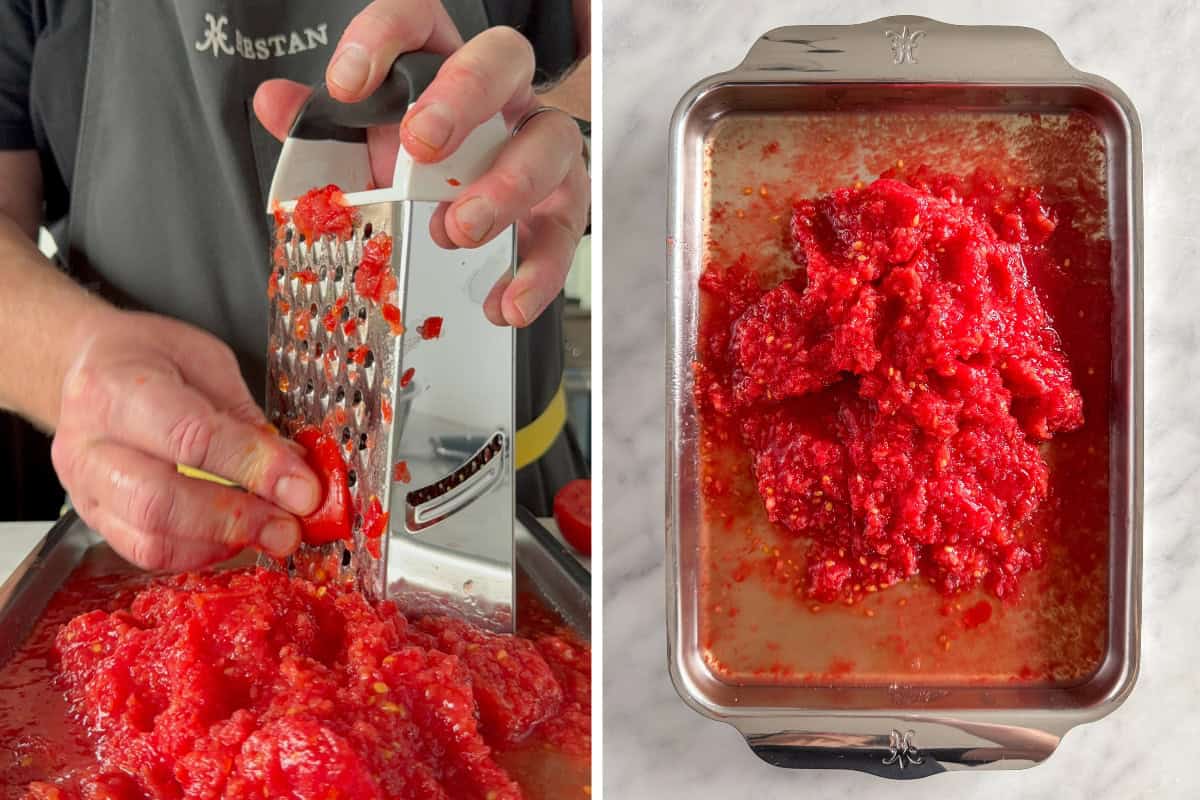 Grate the tomatoes using a box grater. Use only the pulp for the tomato sauce.