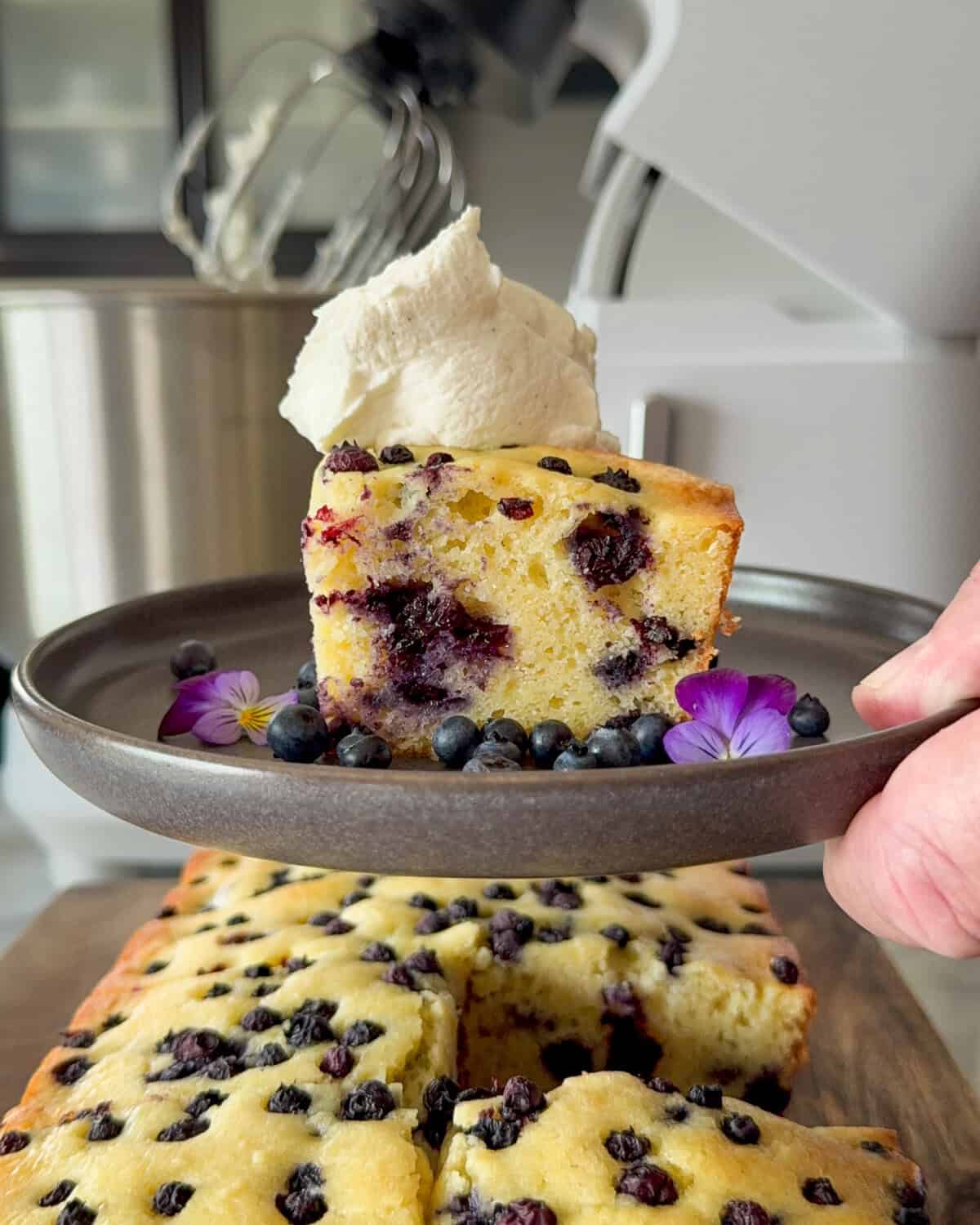 A slice of a wild blueberry ricotta snack cake with a dollop of vanilla whipped cream held on a grey plate. Served with extra blueberries and edible viola flowers. The Ooni Halo mixer is in the background and the cake is in the foreground.