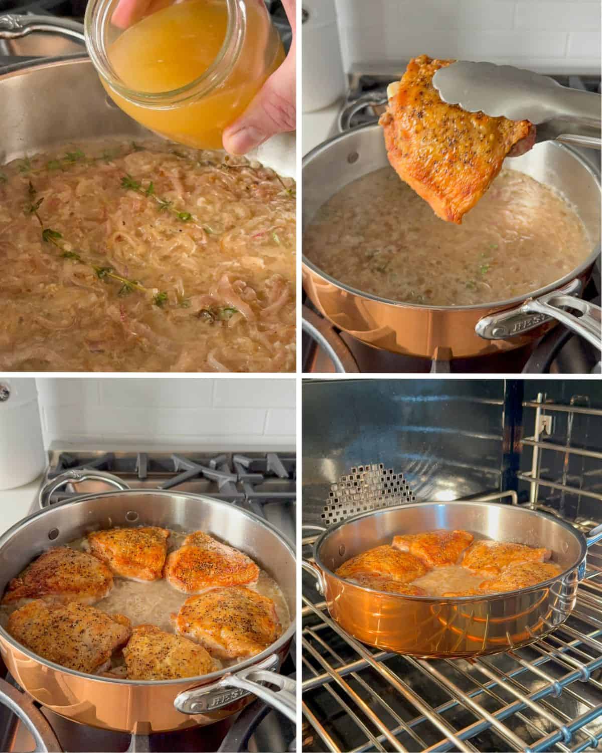 Add the remaining chicken stock and return the browned chicken thighs to the pan. Place the pan in the oven to braise.