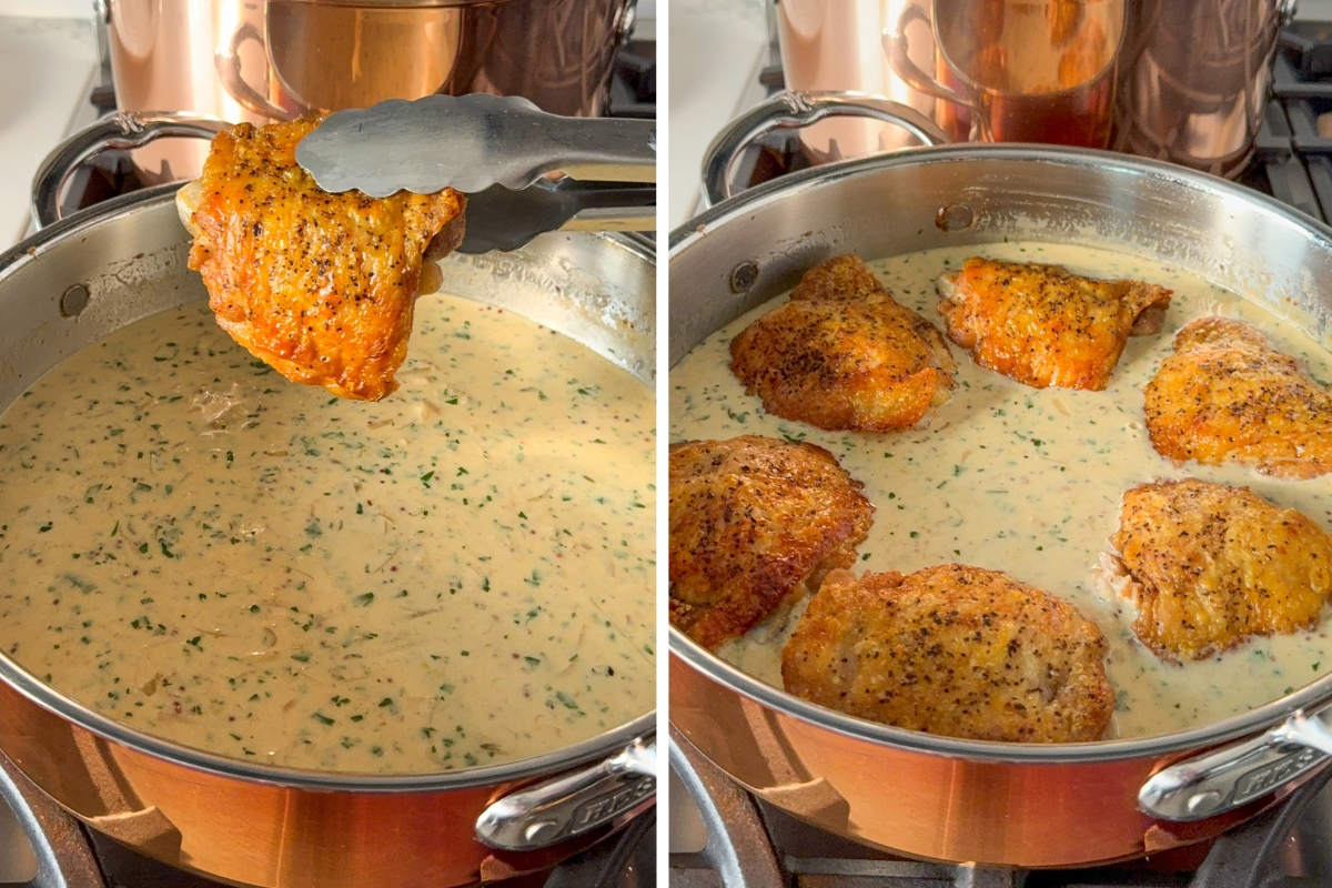 Place chicken thighs back into the skillet to warm through without covering the skin with sauce.