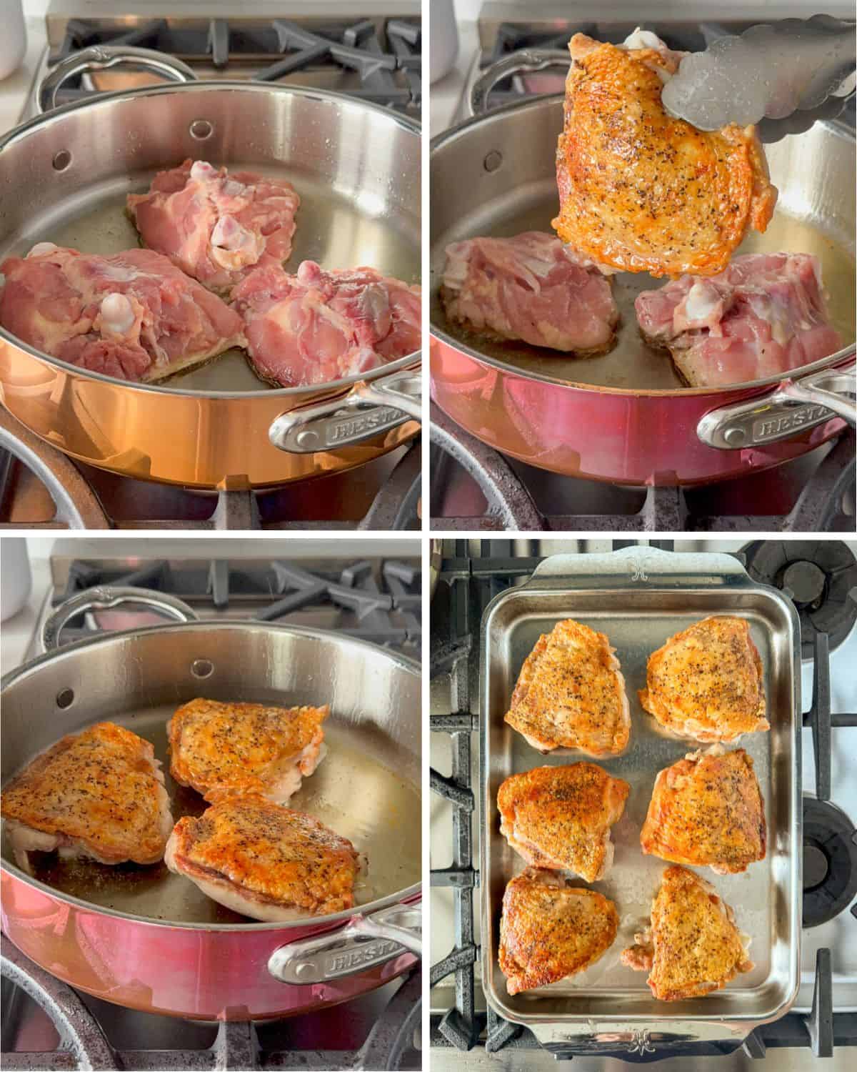 This shows how to sear three skin-on, bone-in chicken thighs for a Poulet à la Moutarde recipe.