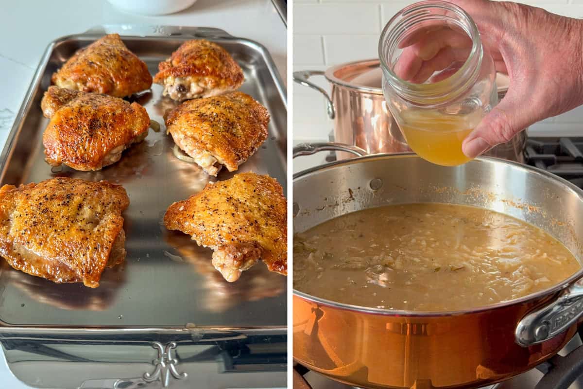 Remove the chicken from the sauce, add chicken stock and reduce the Poulet à la Moutarde sauce.