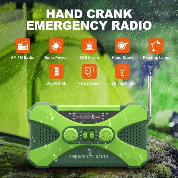 Nödradio 10 000mAh med Solkraft, Handvev och högtalare