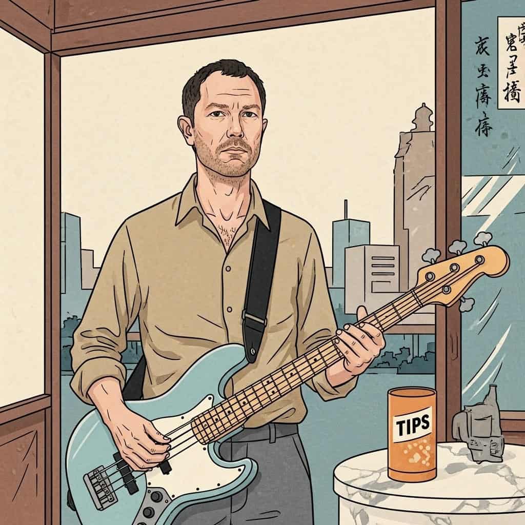 A graphic novel style image of a man holding a blue bass guitar. A cityscape is scene is in the background and a tip jar sits on a table.