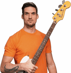BassBuzz is my pick for best online bass course for beginners. Shown here is a Joss, holding a bass guitar.