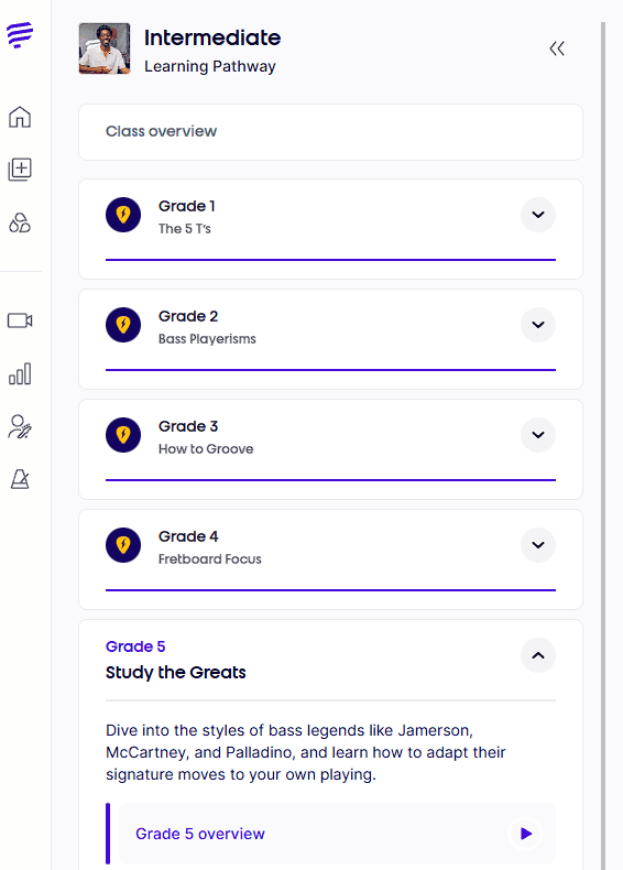 Pickup Music bass pathway interface showing a structured daily lesson curriculum for modern bassists.