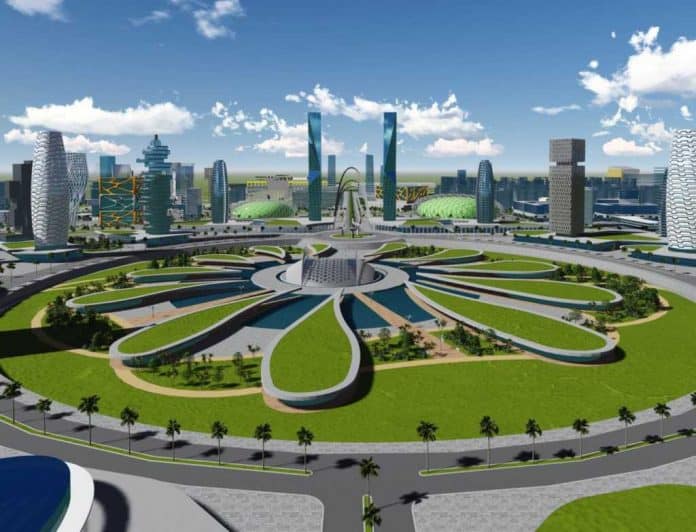 Modern African city with innovative architecture, green parks, and infrastructure development for fo.