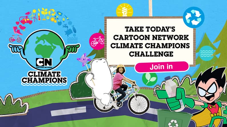 Cartoon Network climate champions celebrating with kids in an outdoor eco-friendly event.