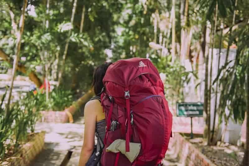 Solo traveler with backpack exploring Africa's nature.