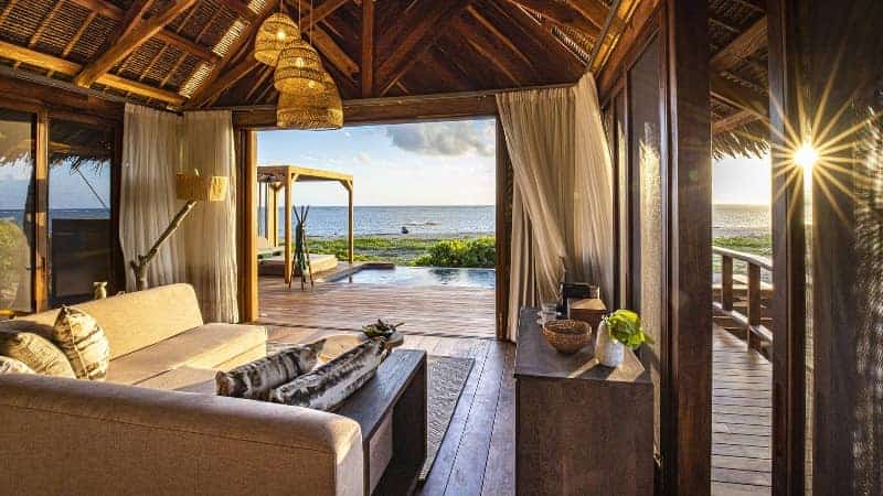 Beautiful ocean view from a luxurious bungalow at Banyan Tree Ilha Caldeira, Mozambique.
