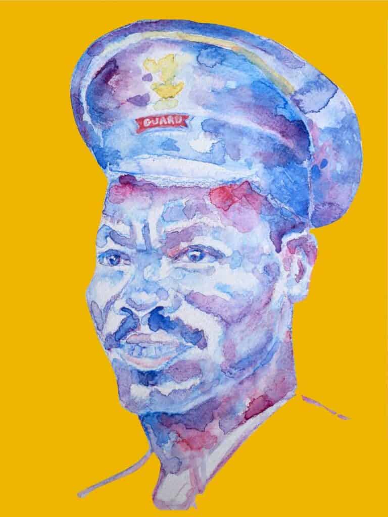 Watercolor portrait of an African police officer in uniform with a yellow background.