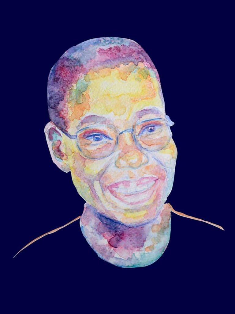 Portrait of a smiling Black woman with short hair and glasses, watercolor style.