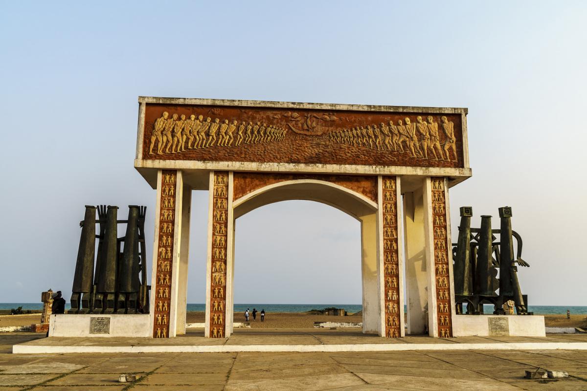 Historic Benin bronze sculpture arch in Cotonou.