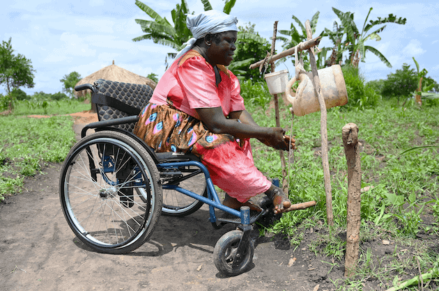 Woman in wheelchair tending to garden in rural Uganda, promoting inclusion and community development.