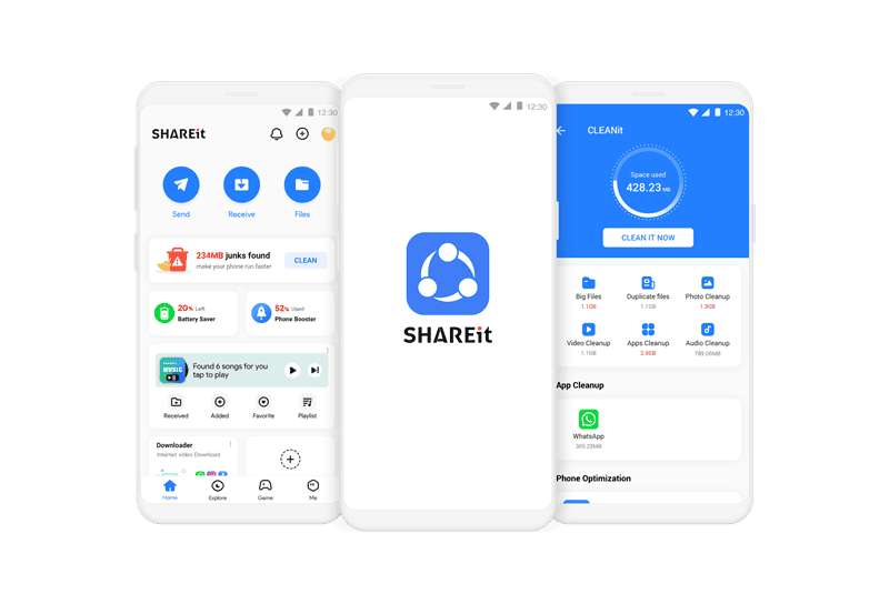 SHAREit app interface showcasing file sharing and cleaning features in Africa.