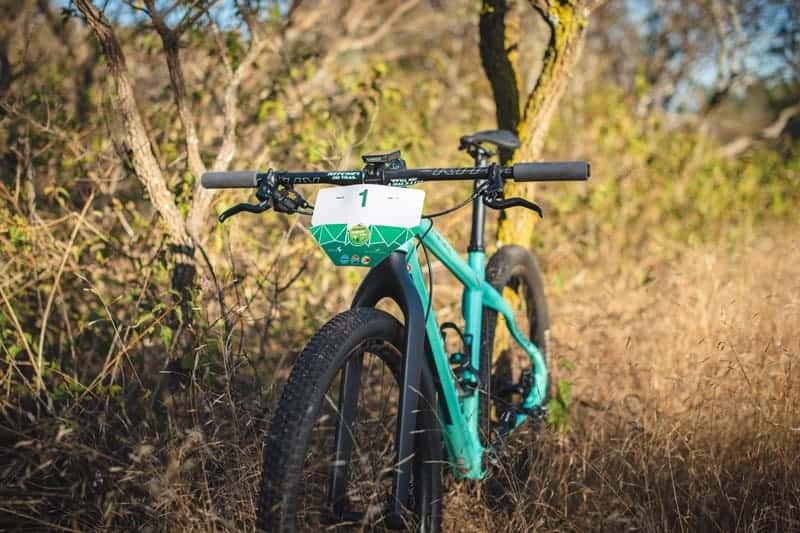 Race bike with innovative number bracket for sports events.
