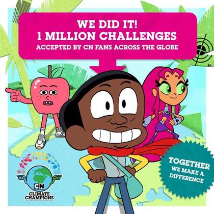 Cartoon characters celebrating climate challenge milestone with banners and cheerful expressions.