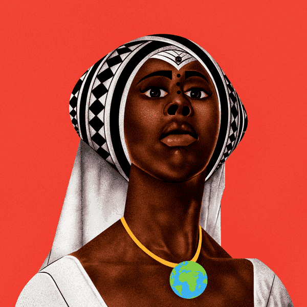 Portrait of a Black woman with traditional African headwrap and jewelry.