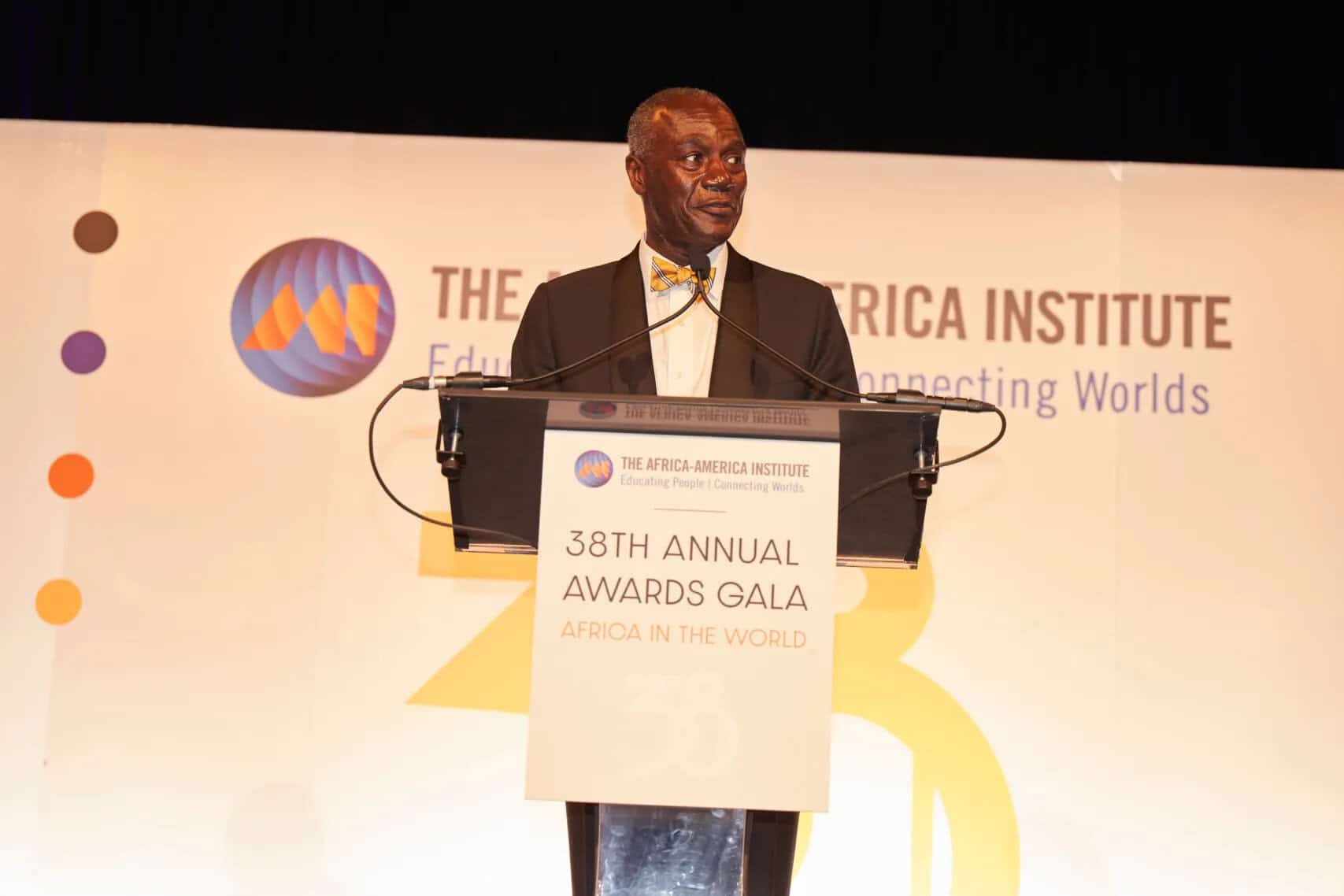 Distinguished man speaking at Africa Institute awards event.