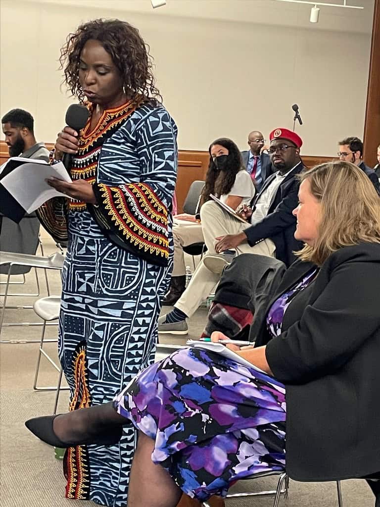 African rights defender speaking at a conference on human rights.