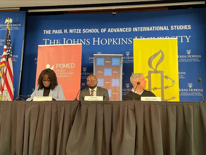 African rights defenders participate in a panel discussion at Johns Hopkins University.