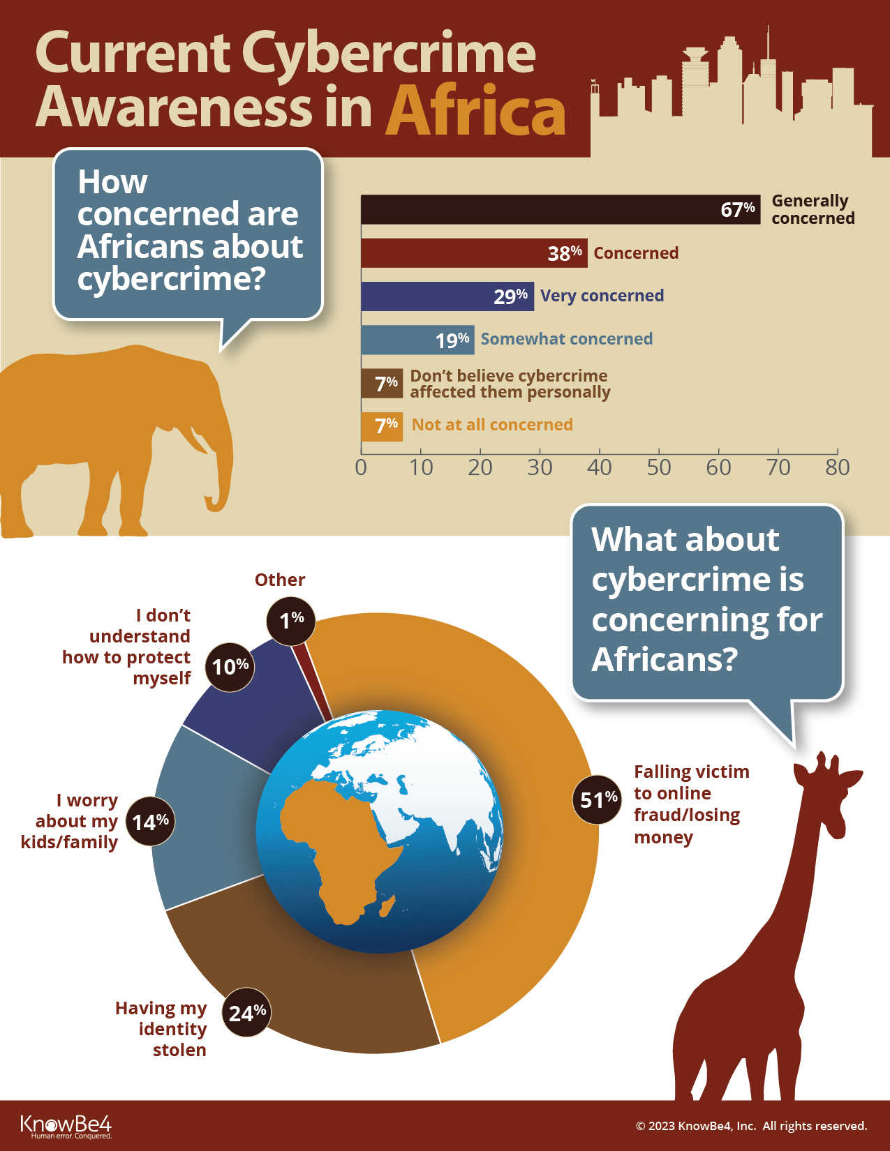 African silhouette with infographic on cybersecurity concerns and awareness levels.