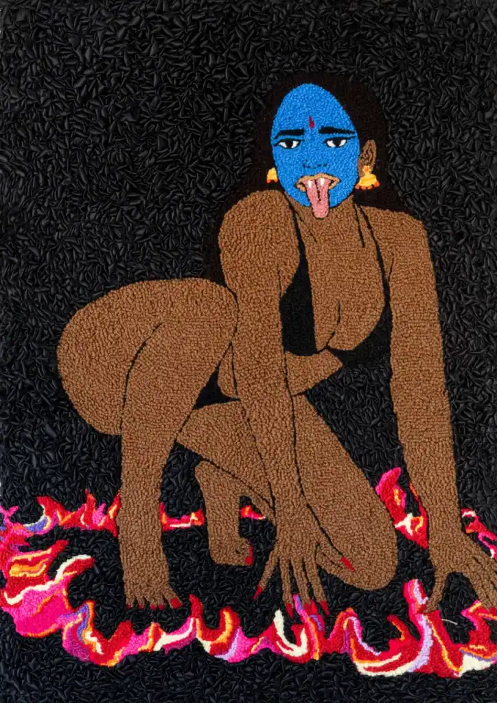Vibrant African art piece featuring a woman with blue face paint and traditional accessories.